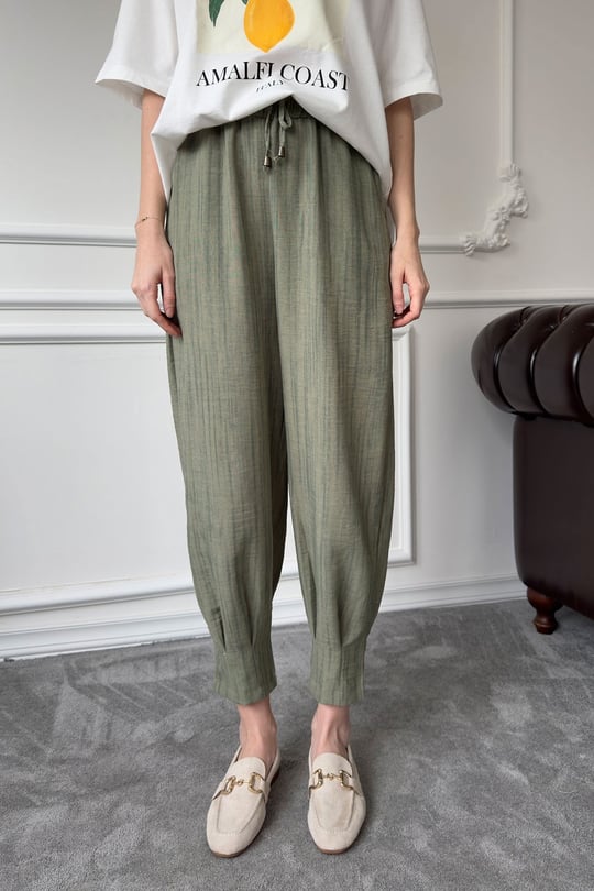 Beli Lastikli Jogger Keten Pantolon- HAKİ