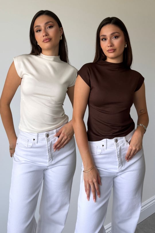 BEYAZ KAHVE 2'Lİ PAKET PREMİUM DİK YAKA BLUZ- BEYAZ KAHVE
