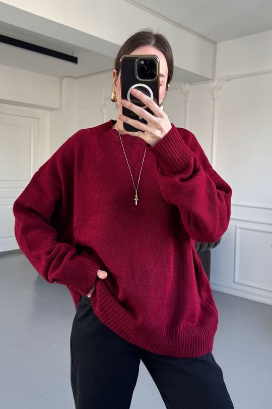 Bisiklet Yaka Basic Triko Kazak- BORDO