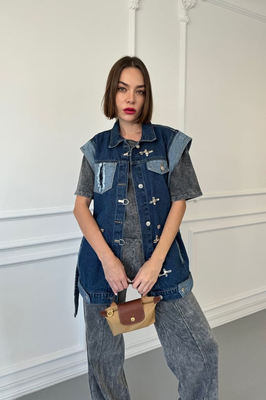 Çengelli Garnili Oversize Denim Ceket- MAVİ