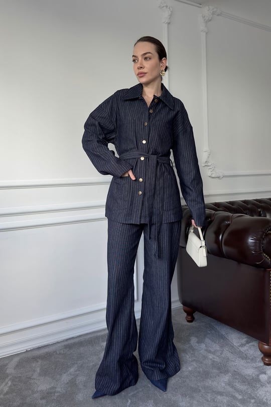 Çizgili Denim Premium Takım- MAVİ