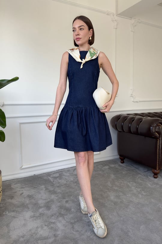 Denim Mini Elbise- MAVİ