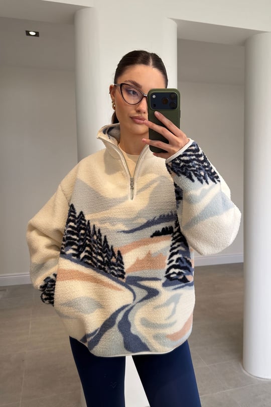 Desenli Oversize Polar Sweatshırt- MAVİ