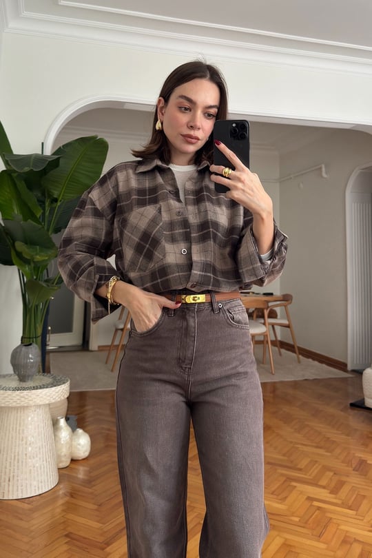 Ekose Oversize Premium Gömlek- KAHVERENGİ