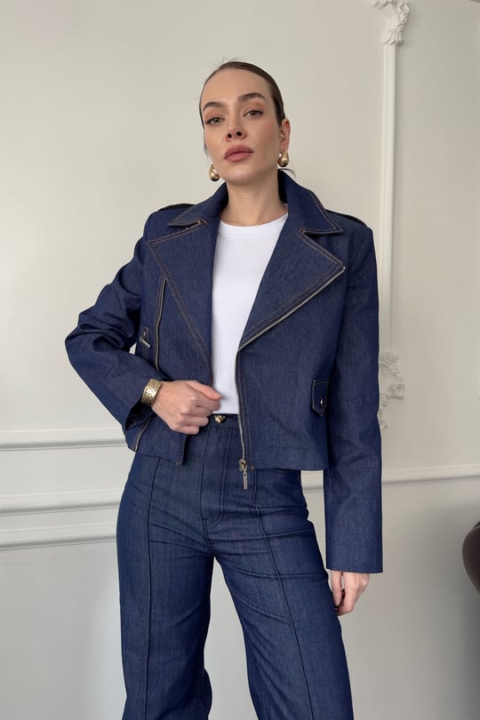 Fermuar Detay Tasarım Denim Ceket- MAVİ