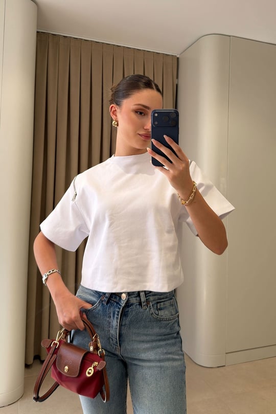 Fermuarlı Vatkalı Tshirt- BEYAZ