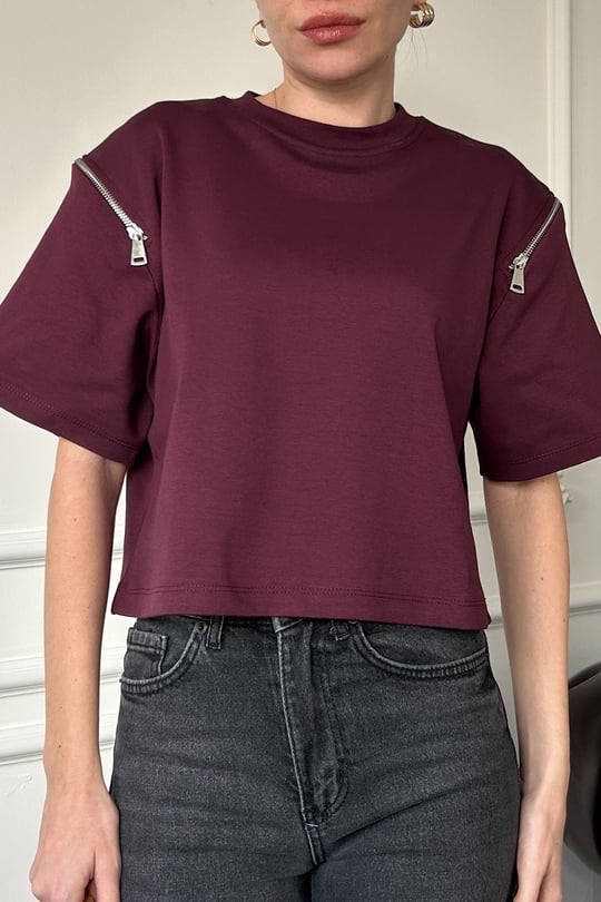 Fermuarlı Vatkalı Tshirt- BORDO