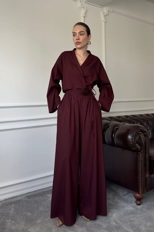 Gül Detay Beli Lastikli Kimono Takım- BORDO