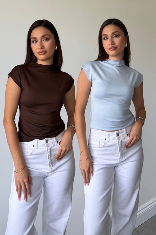 KAHVE MAVİ 2'Lİ PAKET PREMİUM DİK YAKA BLUZ- KAHVE MAVİ