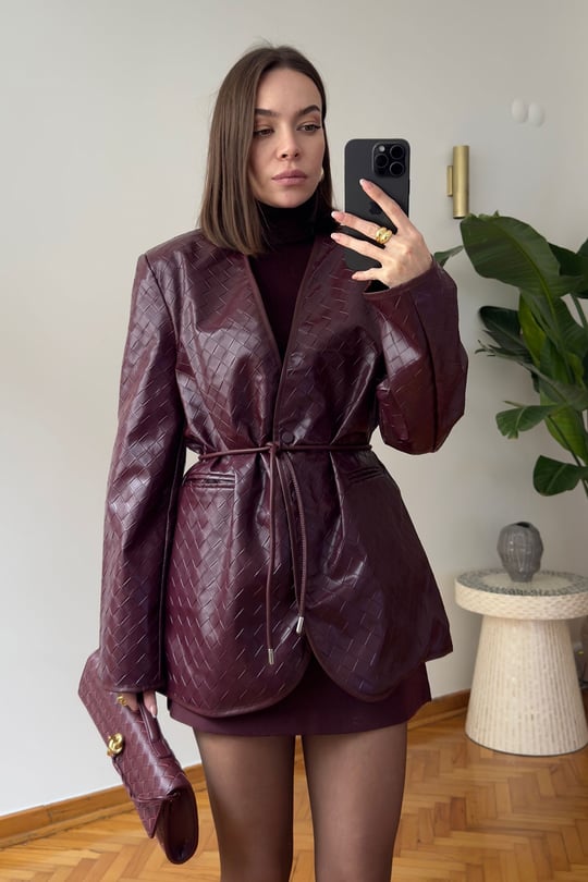 Kare Desen Premium Kemerli Deri Ceket- BORDO