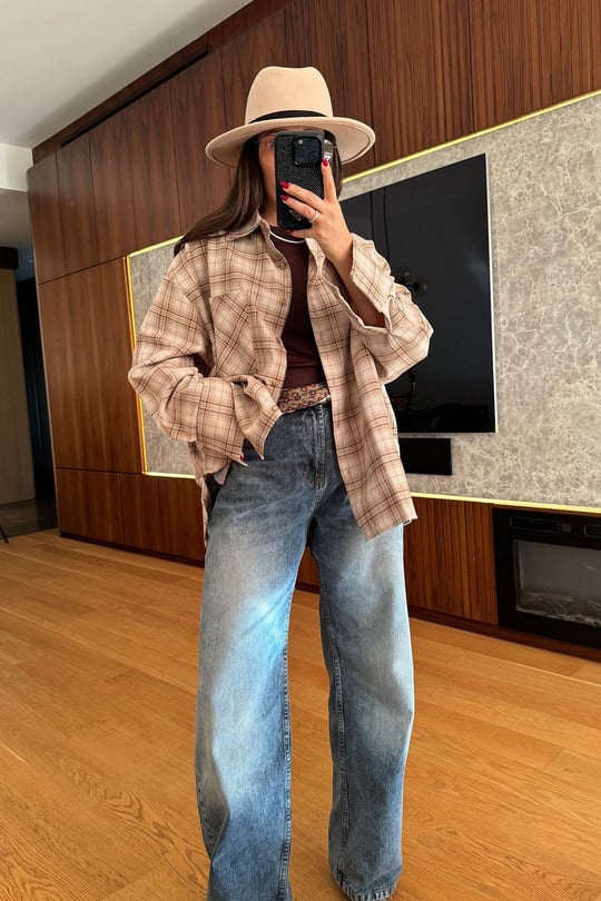 Kareli Ekose Desen Yeni Sezon Oversize Gömlek- BEJ