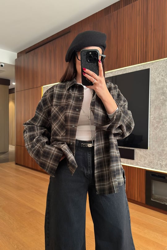 Kareli Ekose Desen Yeni Sezon Oversize Gömlek- HAKİ
