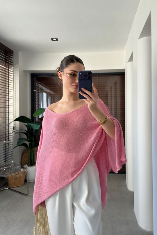 Kayık Yaka Yarasa Kol Merserize Bluz- PEMBE