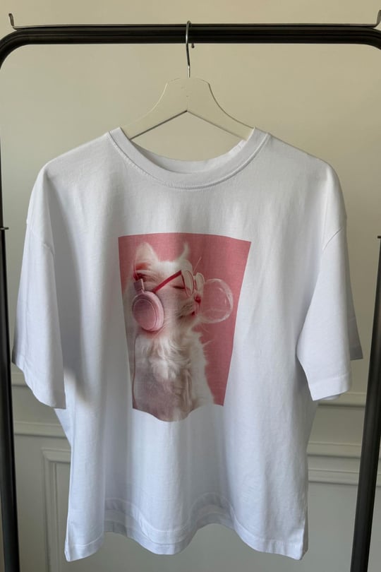 Kedi Baskılı Tshirt- BEYAZ