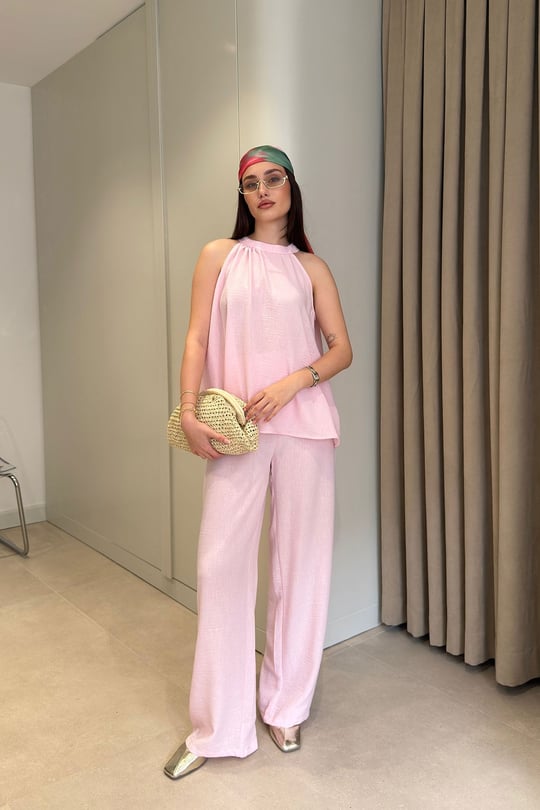 Keten Halter Yakalı Bluz Takım- PEMBE