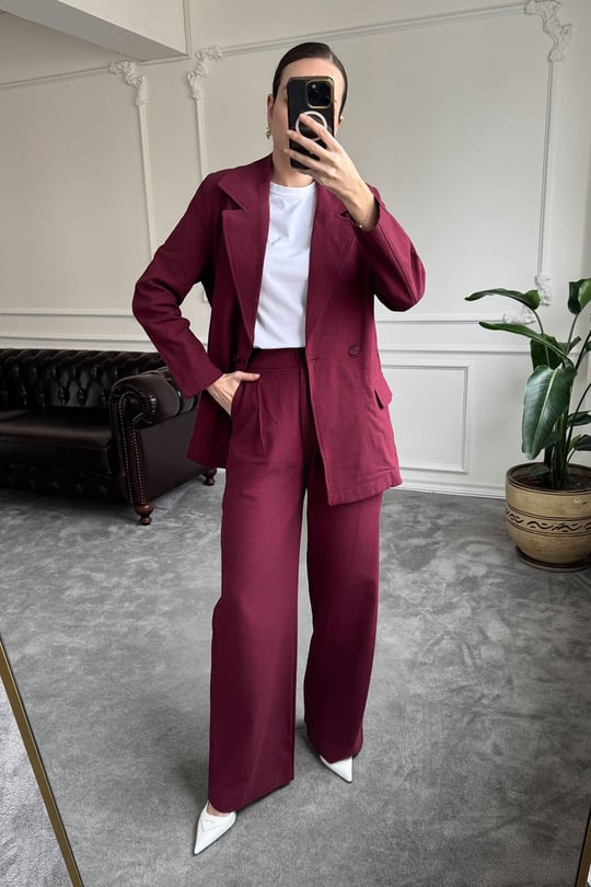 Kruvaze Düğmeli Keten Takım- BORDO