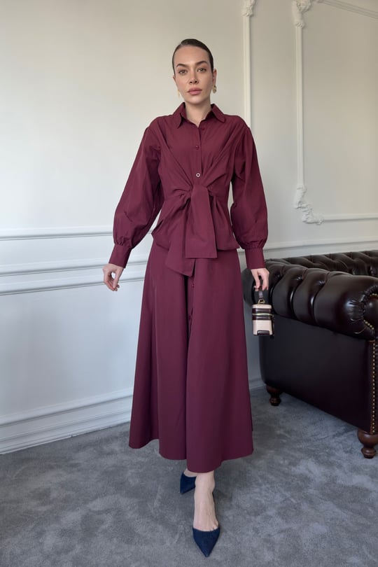 Kuşaklı Uzun Poplin Elbise- BORDO