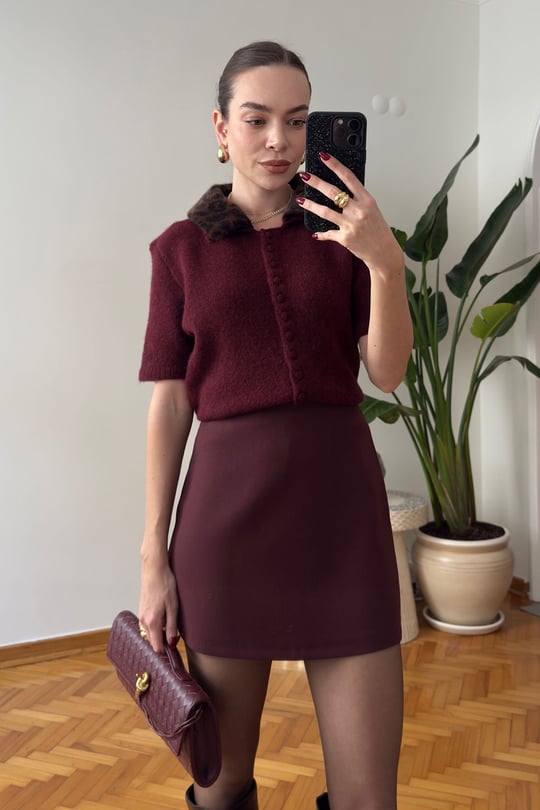 Leopar Yakalı Premium Triko- BORDO