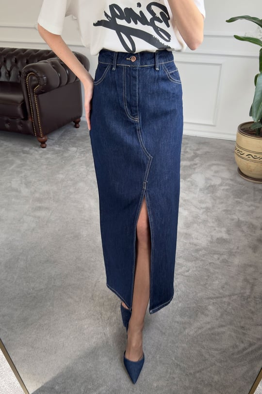 Önü Yırtmaçlı Denim Etek- MAVİ