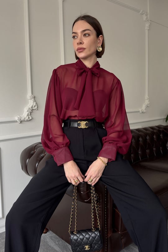Oversize Bağlamalı Tül Gömlek- BORDO