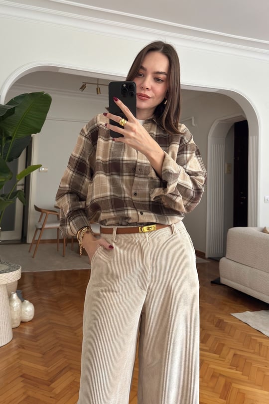 Oversize Ekose Desen Oduncu Gömlek- KAHVERENGİ