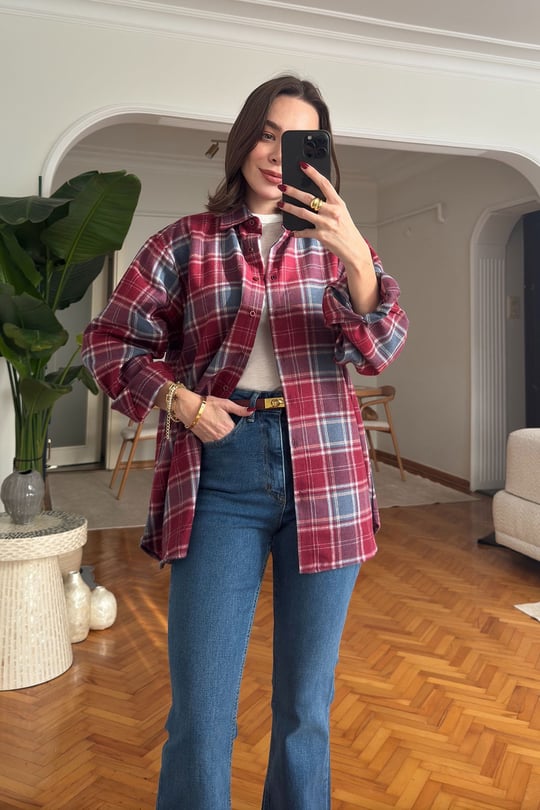 Oversize Ekose Desen Oduncu Gömlek- KIRMIZI