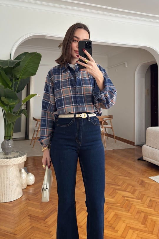 Oversize Ekose Desen Oduncu Gömlek- LACİVERT