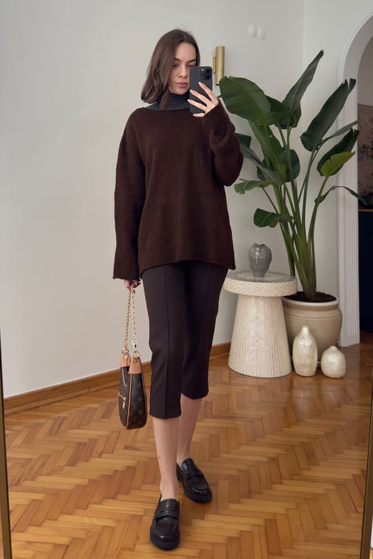 Oversize Tasarım Triko Kazak- KAHVERENGİ