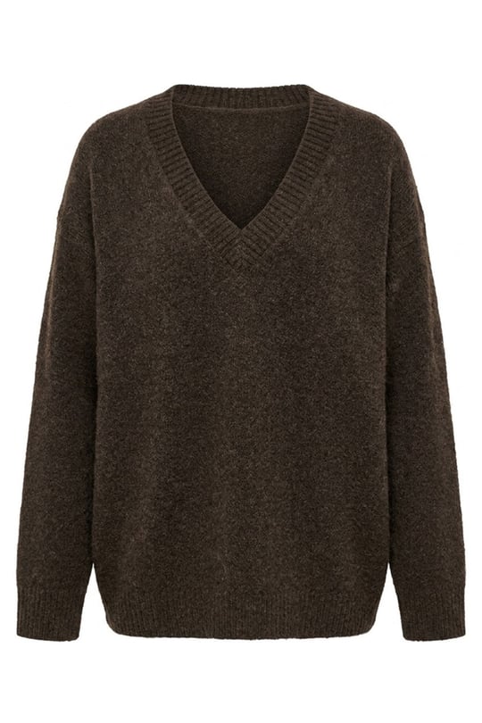 Oversize V Yaka Triko Kazak- KAHVERENGİ