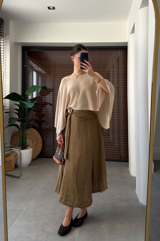 Özel İthal Seri Beli Lastikli %100Keten Etek- CAMEL