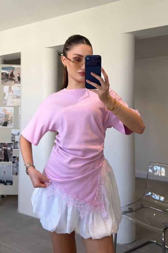 Özel Seri Asimetrik Dantelli Bluz- PEMBE