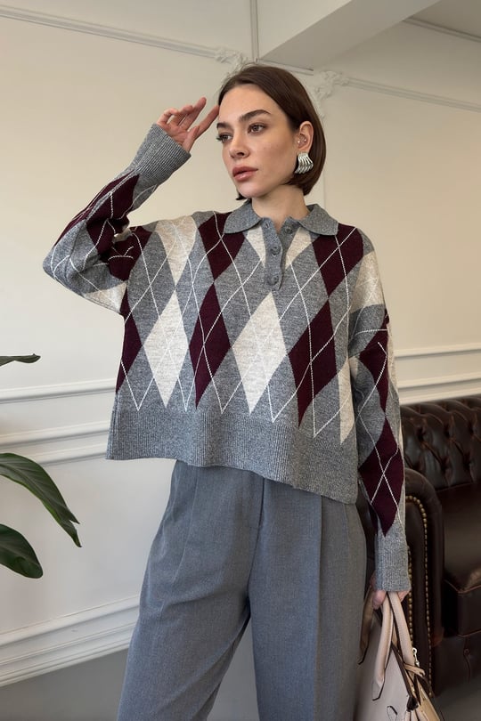 Polo Yaka Baklava Desen Kazak- BORDO