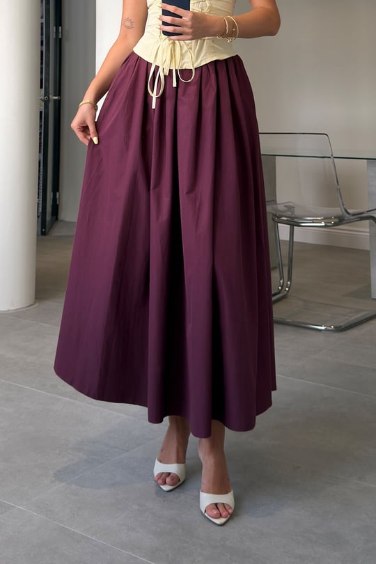 Poplin Beli Lastikli Cep Detay Etek- BORDO