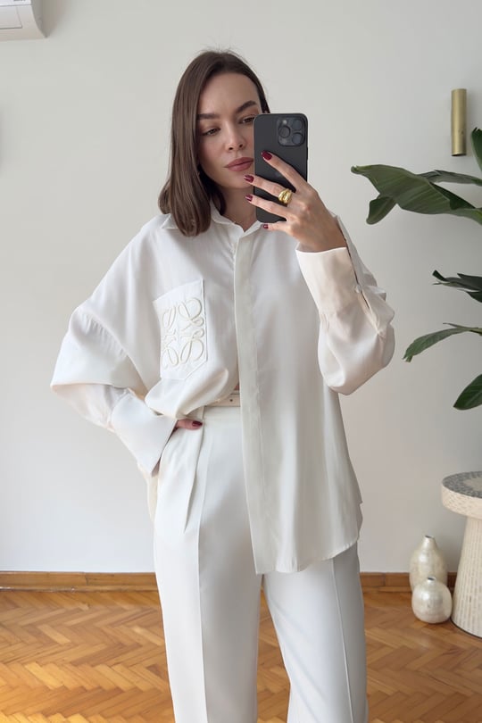 Premium Cebi Nakışlı Oversize Gömlek- EKRU