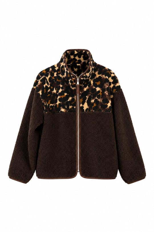 Premium Leopar Desen Fermuarlı Polar- KAHVE-SİYAH
