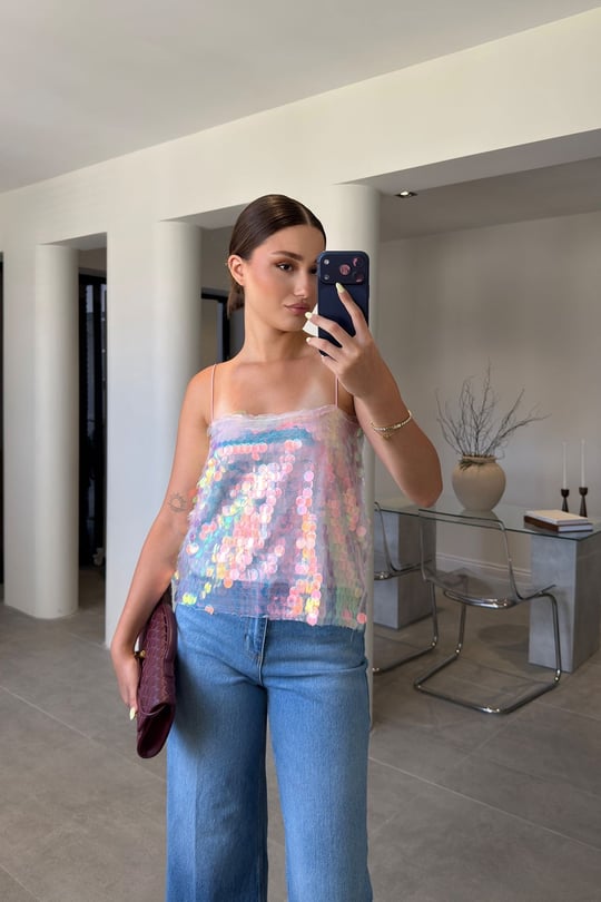 PREMİUM PAYETLİ İP ASKILI BLUZ- PEMBE