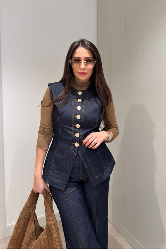 Premium Seri Gold Düğmeli  Jean Yelek- KOYU LACİVERT