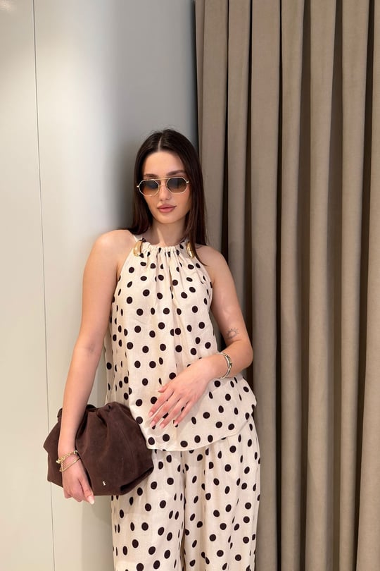 Puantiye Desenli Halter Yaka  Bluz- BEJ