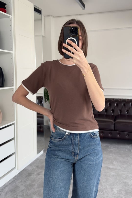 Renk Detay Triko Tshirt- KAHVERENGİ