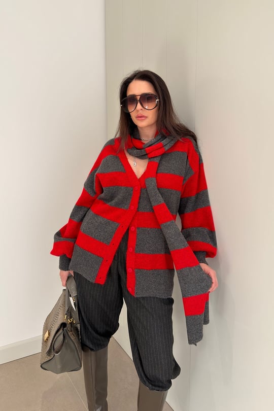 Şal Desen Çizgili Oversize Hırka- ANTRASİT