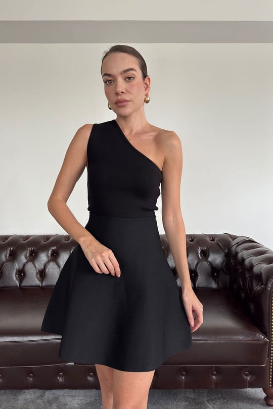 Tek Omuzlu Premium Triko Bluz- SİYAH