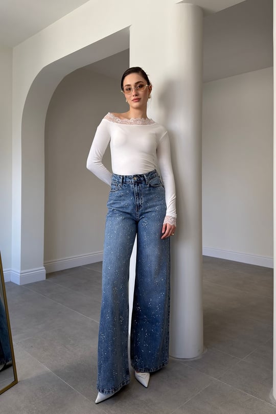 Wide Leg Önü Taşlı Jean- MAVİ