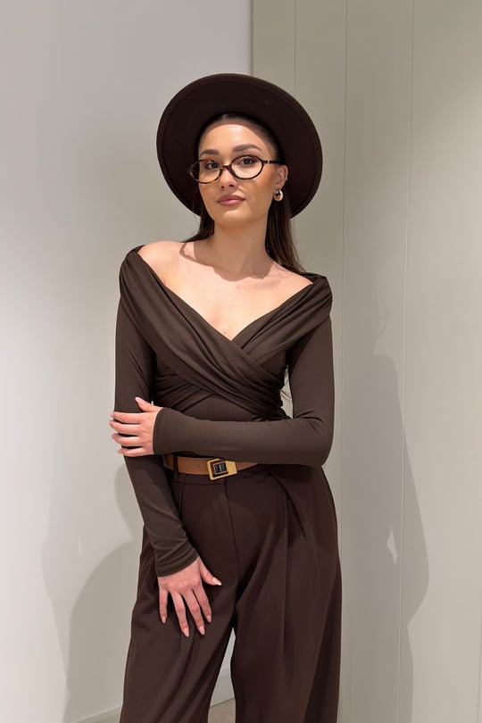 Yaka Detay Uzun Kollu Bodysuit- KAHVERENGİ