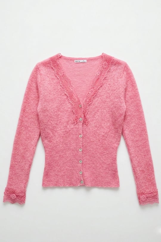 Yakası Ve Kolu Dantel Detaylı Hırka- PEMBE