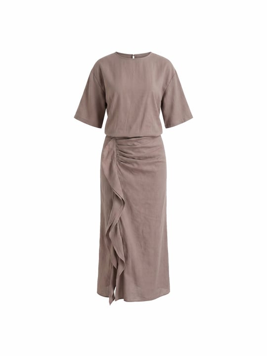 Yarasa Kol Drape Detaylı Maxi Boy Elbise- VİZON