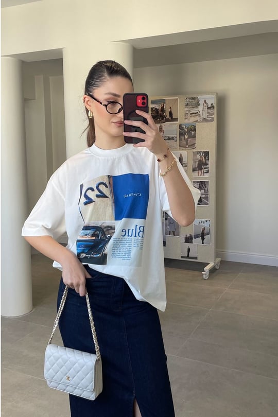 Yeni Sezon Blue Baskılı Tişört- KREM