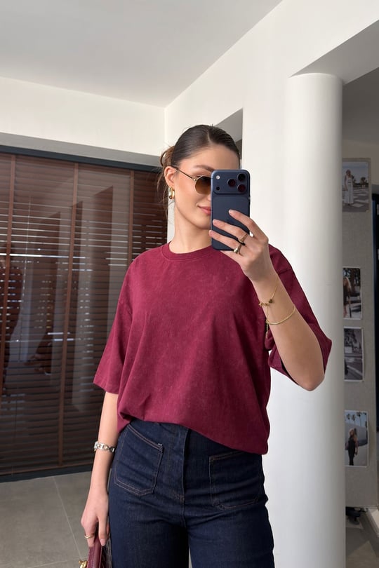 Yıkamalı Bisiklet Yaka Premium Tişört- BORDO