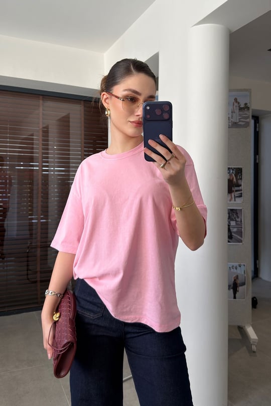 Yıkamalı Bisiklet Yaka Premium Tişört- PEMBE