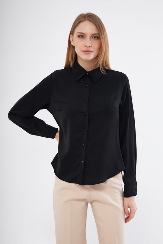 Kadın Saten Klasik Likralı Gömlek - Siyah