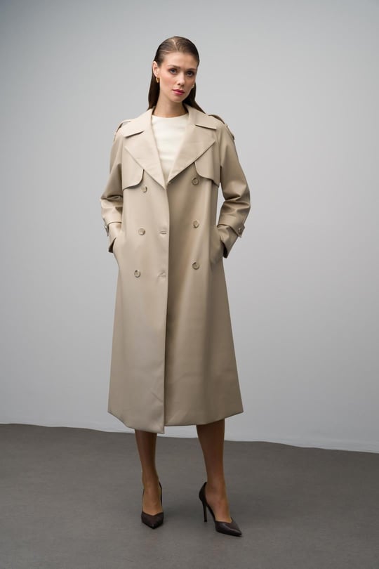 Apolet ve Pelerin Detaylı Reglan Kol Kruvaze Deri Trençkot BEJ 6610